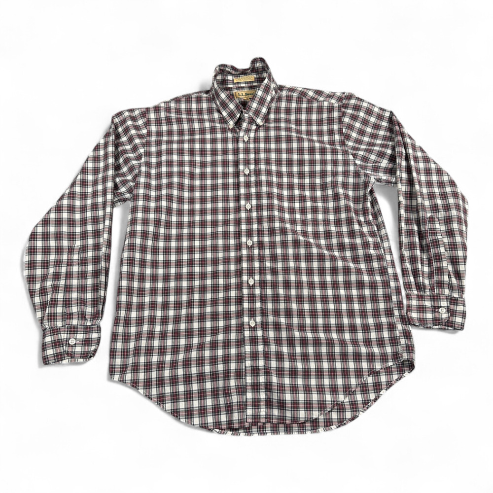 Vintage LL Bean Shirt Adult LARGE White Red Plaid Single Needle Tailoring 80s